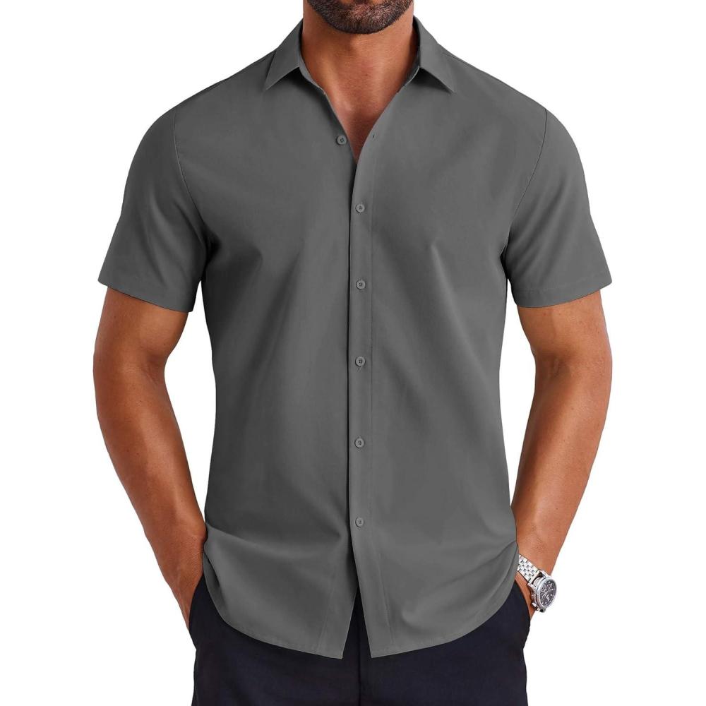 imageCOOFANDY Mens Button Down Shirts Short Sleeve Casual Shirt Summer Untucked Dress ShirtsDark Gray