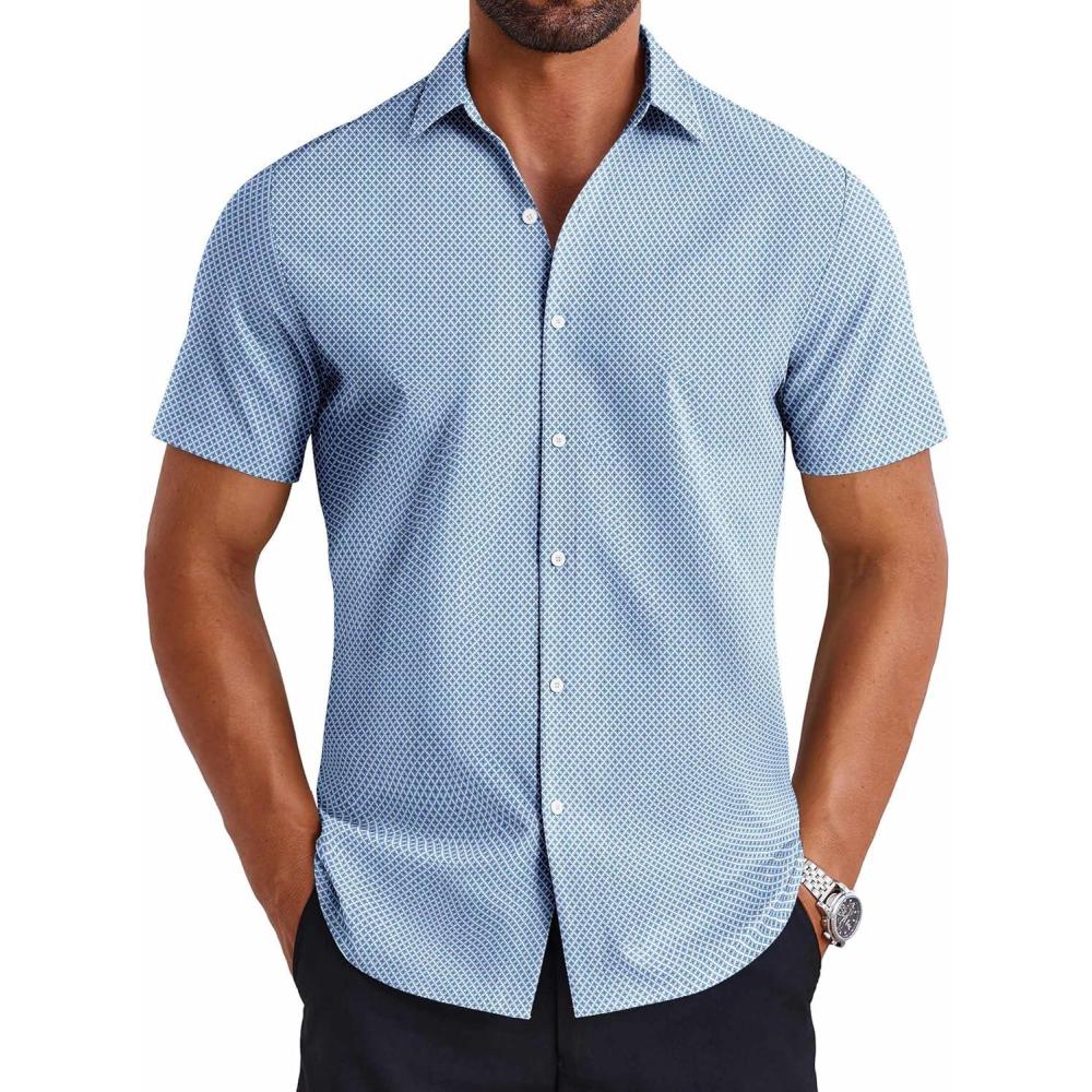 imageCOOFANDY Mens Button Down Shirts Short Sleeve Casual Shirt Summer Untucked Dress ShirtsGeometric Blue