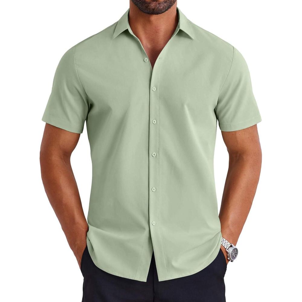 imageCOOFANDY Mens Button Down Shirts Short Sleeve Casual Shirt Summer Untucked Dress ShirtsLight Green