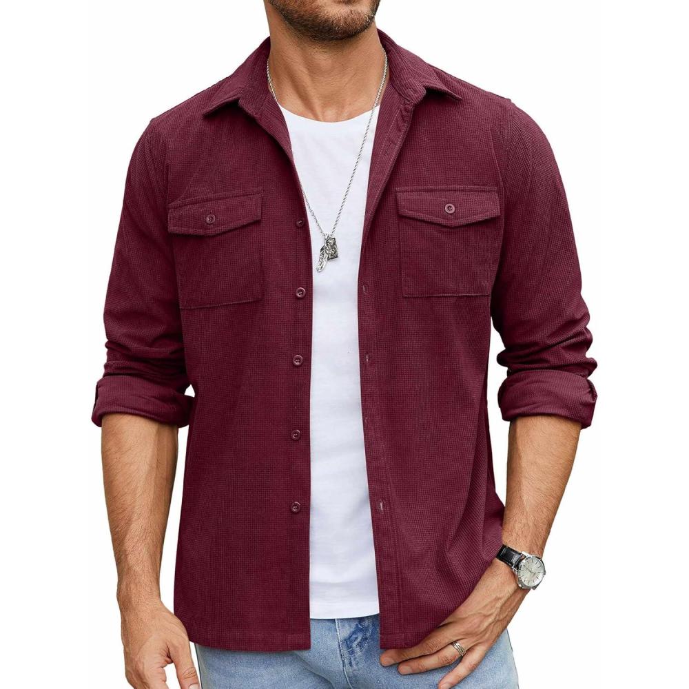 imageCOOFANDY Mens Button Down Waffle Shirt Jacket Casual Long Sleeve Shacket Lightweight Overshirts with Flap PocketsDeep Red