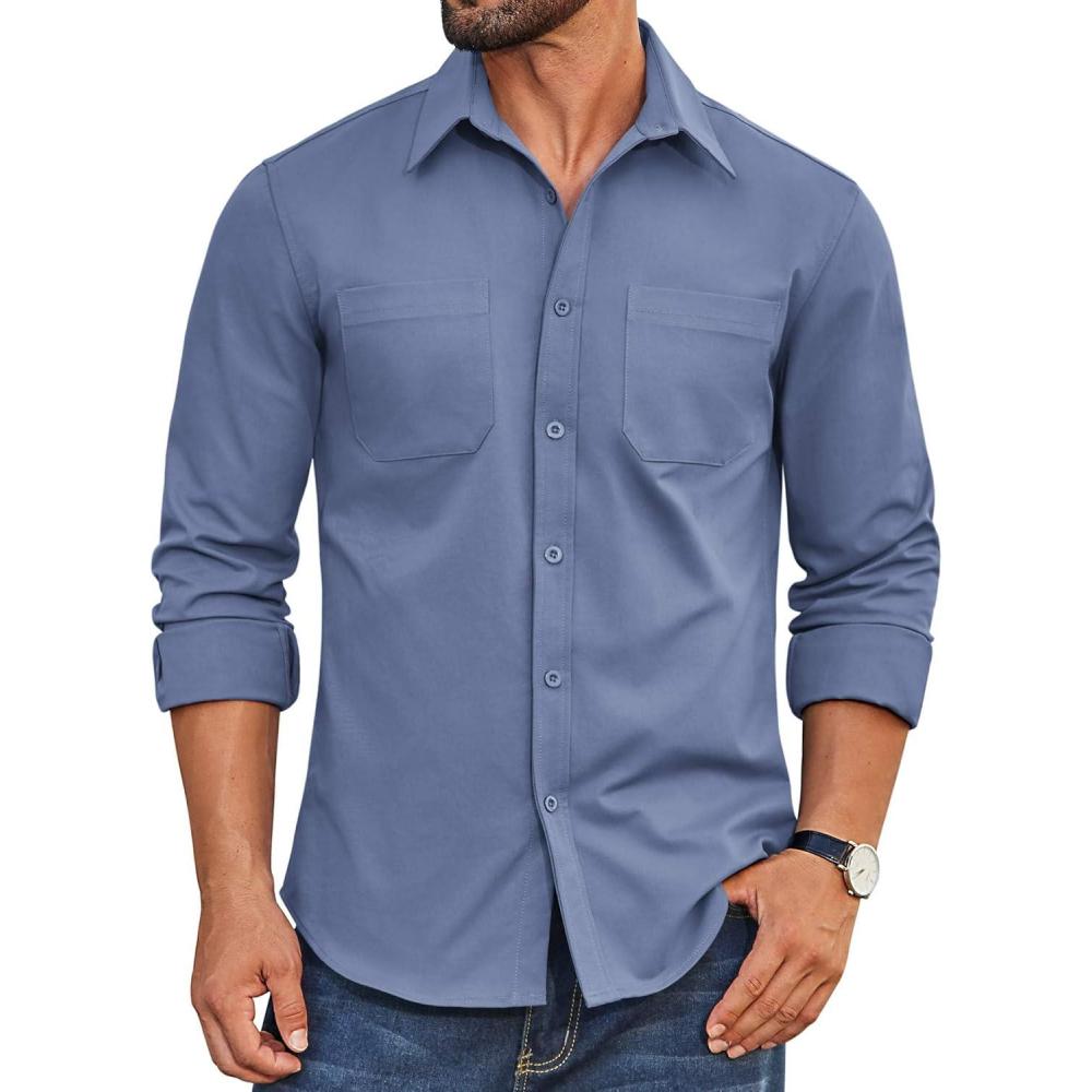 imageCOOFANDY Mens Casual Button Down Work Shirts Untucked Long Sleeve Woven Shirt with PocketsBlue