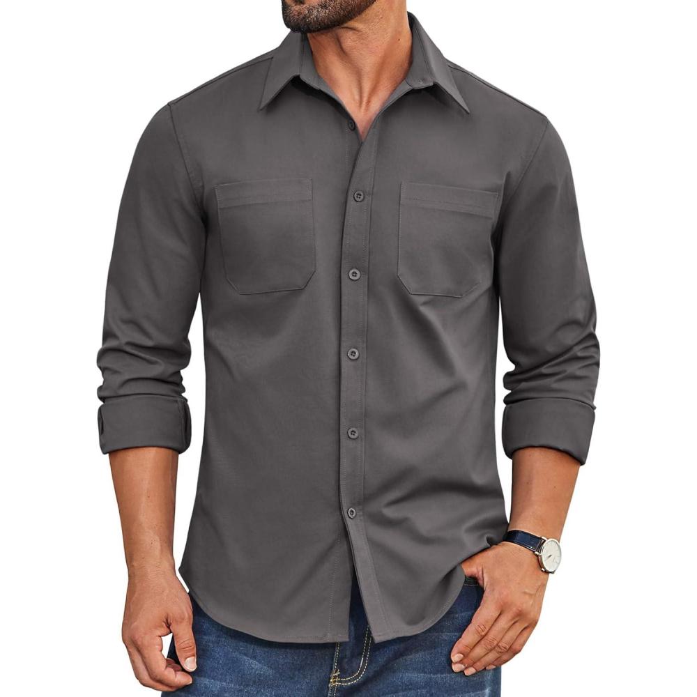 imageCOOFANDY Mens Casual Button Down Work Shirts Untucked Long Sleeve Woven Shirt with PocketsDark Grey