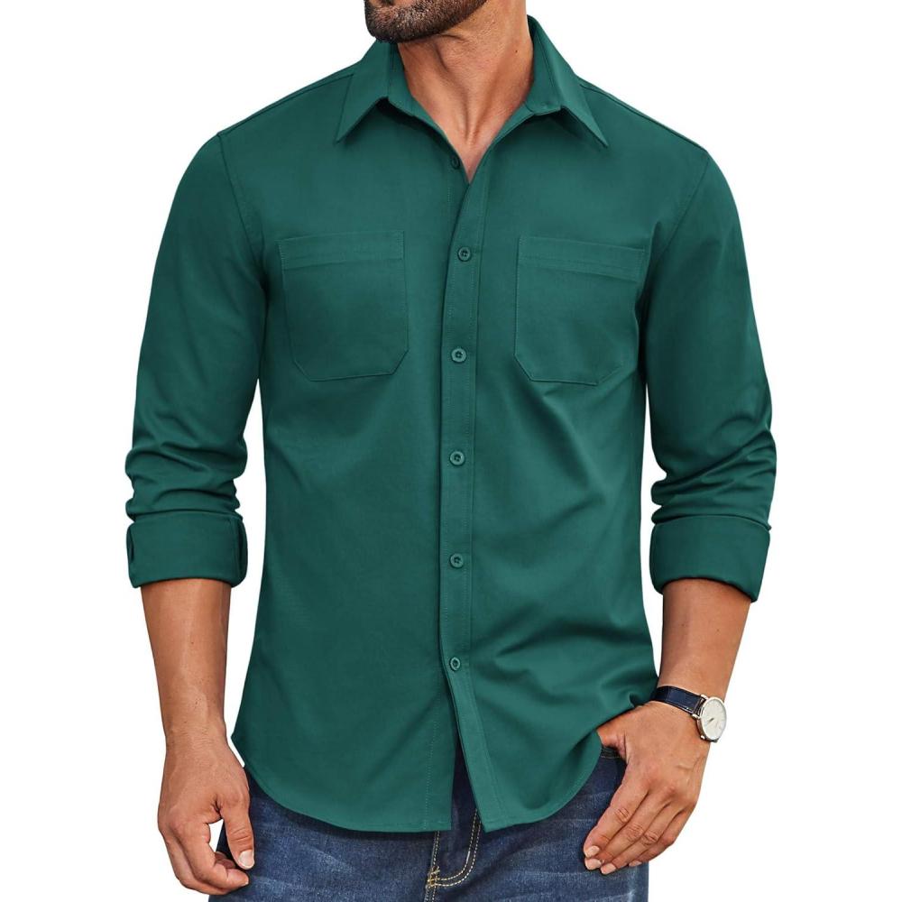 imageCOOFANDY Mens Casual Button Down Work Shirts Untucked Long Sleeve Woven Shirt with PocketsGreen
