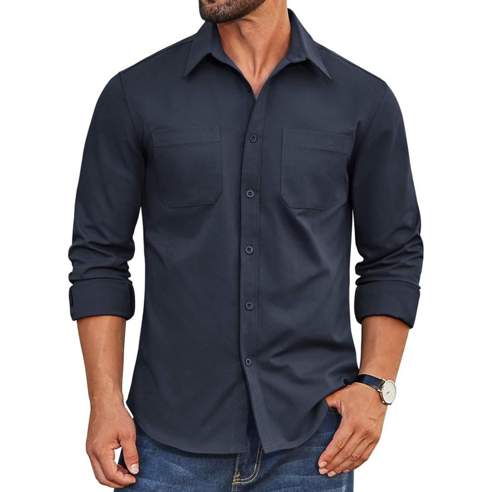 imageCOOFANDY Mens Casual Button Down Work Shirts Untucked Long Sleeve Woven Shirt with PocketsNavy Blue