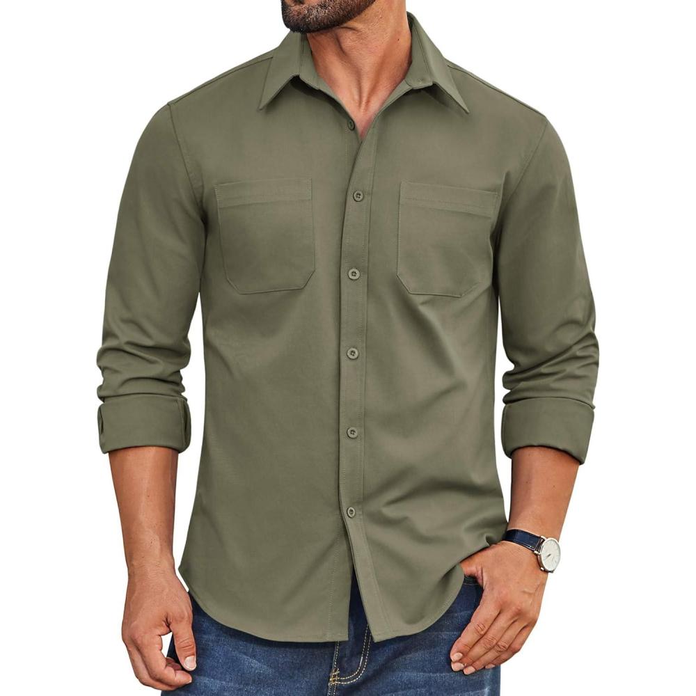 imageCOOFANDY Mens Casual Button Down Work Shirts Untucked Long Sleeve Woven Shirt with PocketsOlive Green