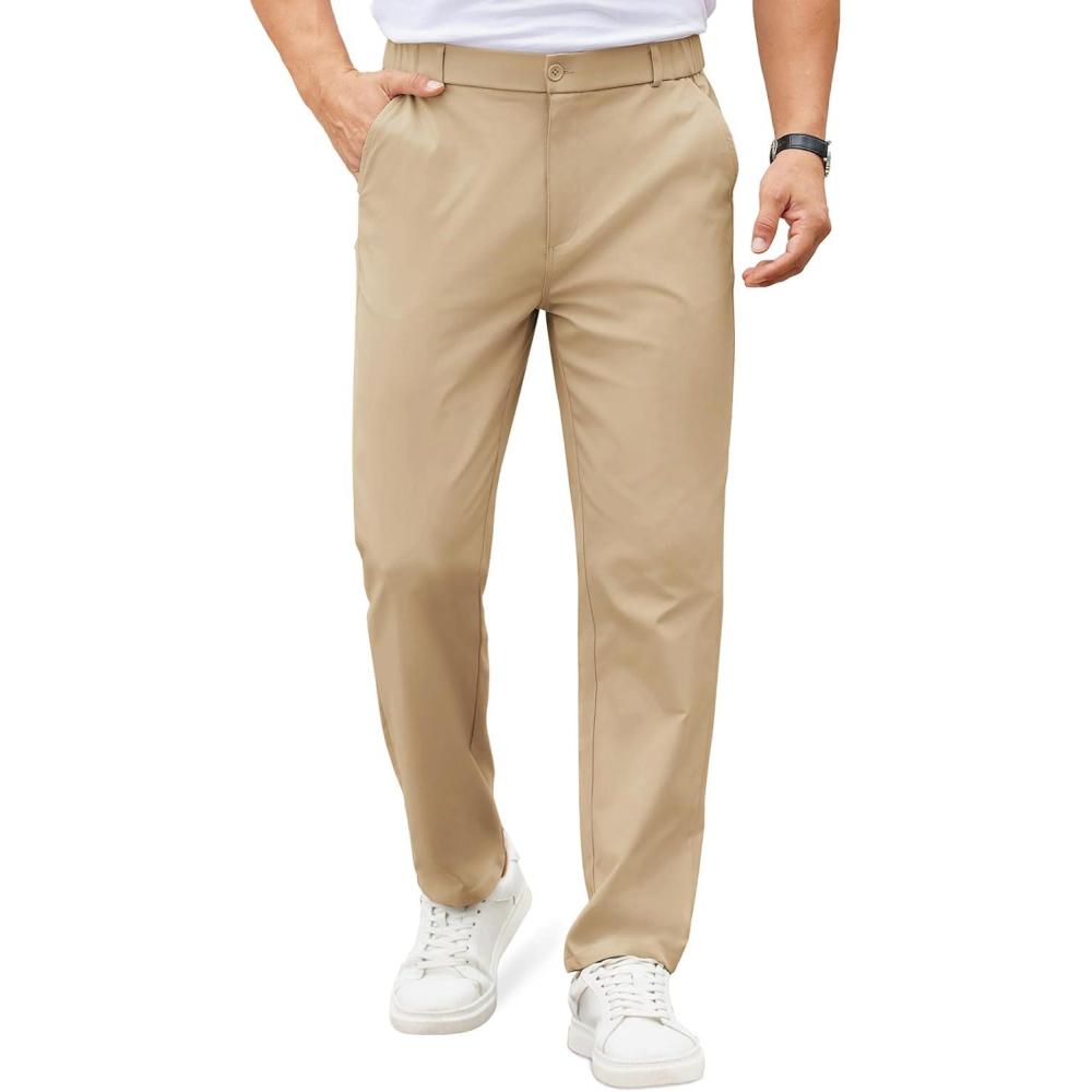 imageCOOFANDY Mens Casual Chino Pants Elastic Waist Lightweight Trousers ClassicFit Business Dress Pants with PocketsKhaki