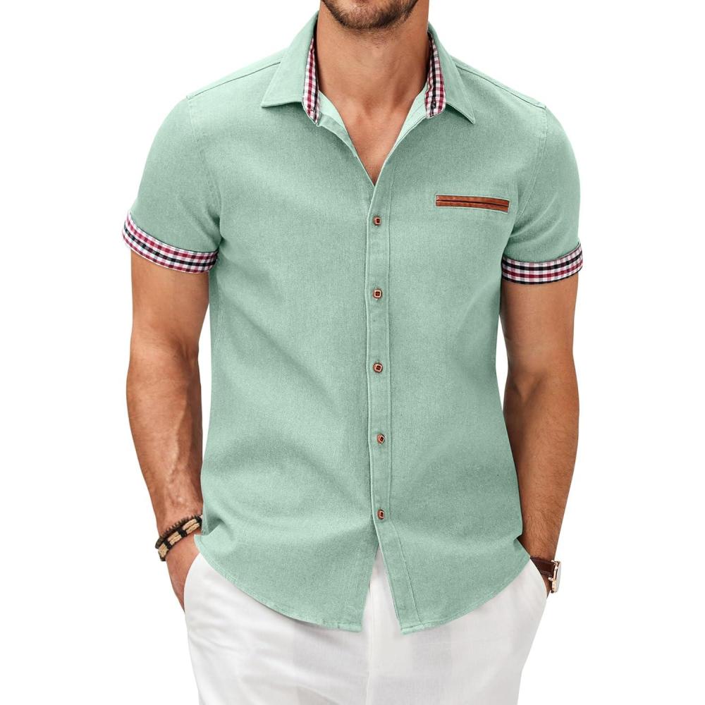 imageCOOFANDY Mens Casual Cotton Short Sleeve Button Down Dress Shirt Plaid Collar Denim Work ShirtsA  Chambray  No Pocket