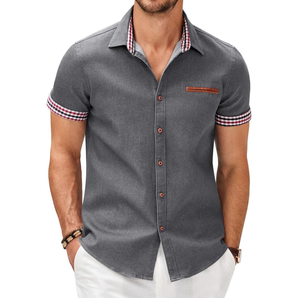 imageCOOFANDY Mens Casual Cotton Short Sleeve Button Down Dress Shirt Plaid Collar Denim Work ShirtsA  Charcoal Grey  No Pocket