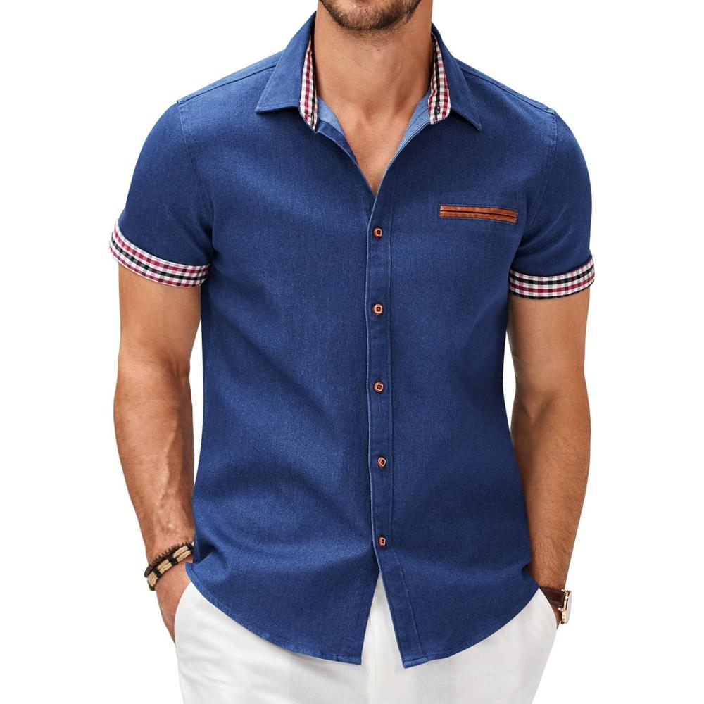 imageCOOFANDY Mens Casual Cotton Short Sleeve Button Down Dress Shirt Plaid Collar Denim Work ShirtsA  Dark Blue  No Pocket