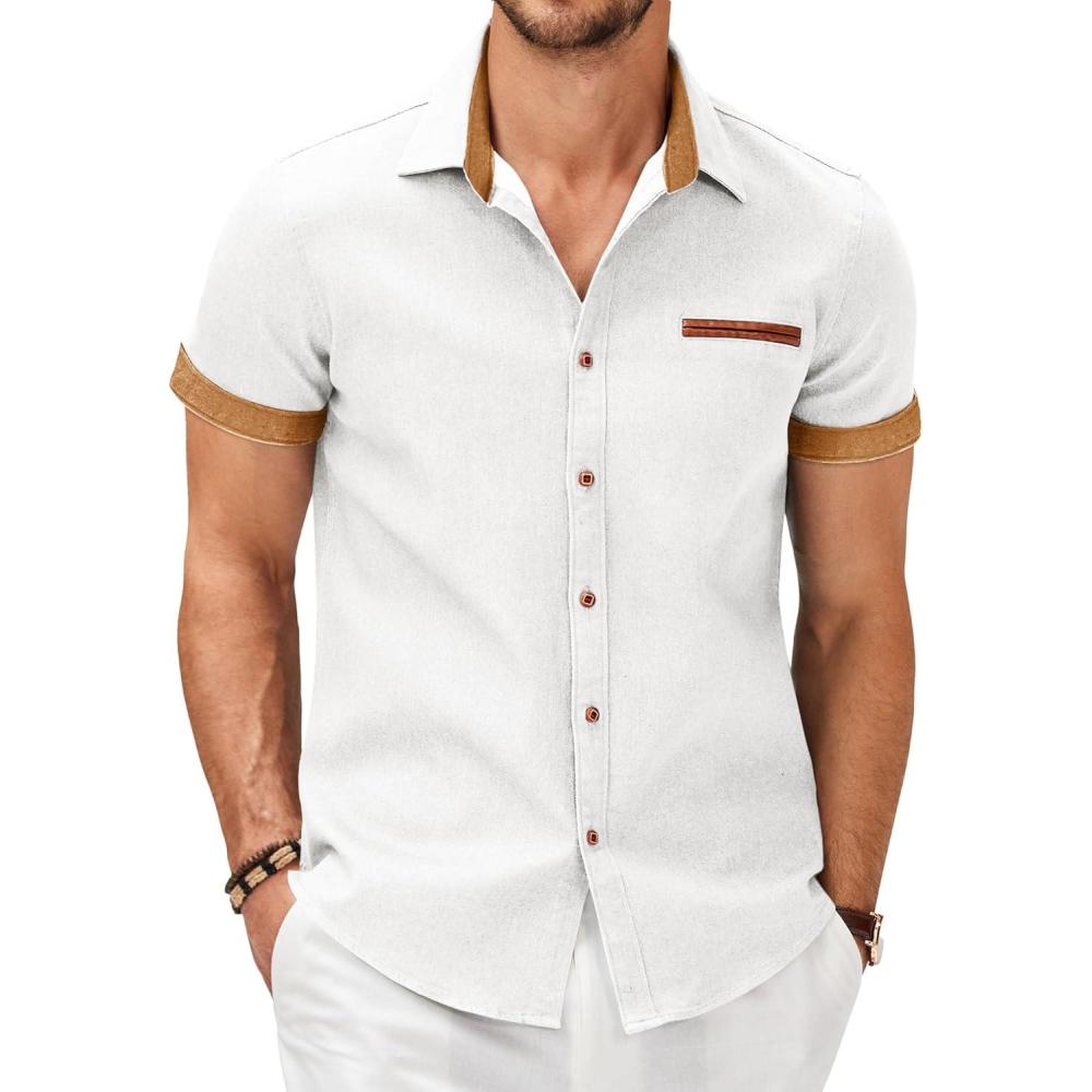 imageCOOFANDY Mens Casual Cotton Short Sleeve Button Down Dress Shirt Plaid Collar Denim Work ShirtsB White  No Pocket