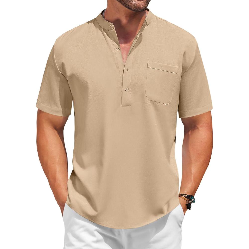 imageCOOFANDY Mens Casual Henley Shirt Short Sleeve Summer Beach Band Collar Shirt Hippie Henley TShirts with PocketMoon Grey