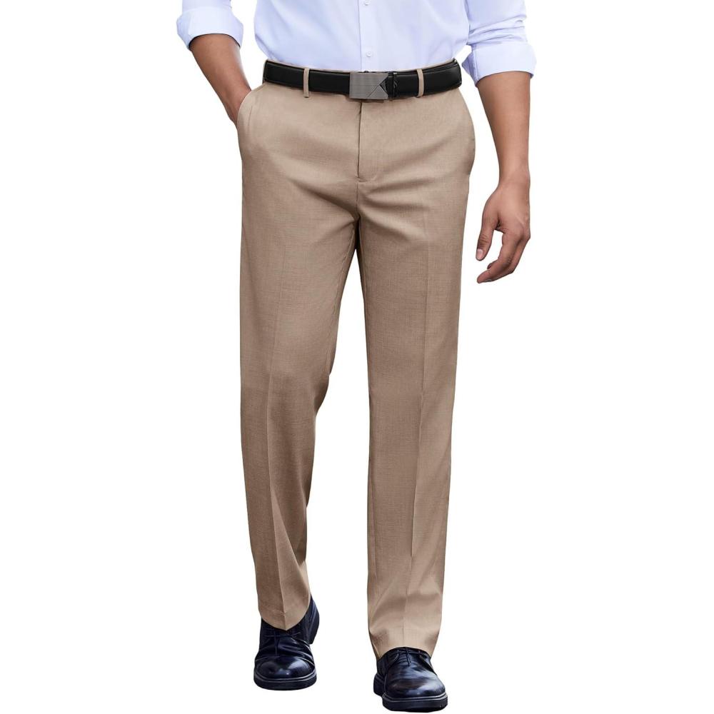 imageCOOFANDY Mens Classic Fit Dress Pants Flat Front Straight Casual Pant Expandable Waist Suit PantKhaki