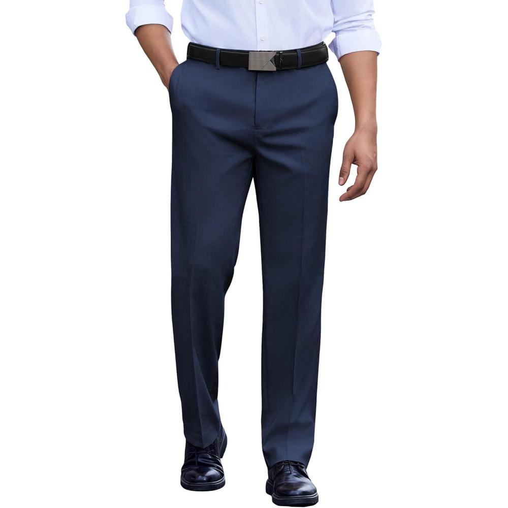 imageCOOFANDY Mens Classic Fit Dress Pants Flat Front Straight Casual Pant Expandable Waist Suit PantNavy Blue