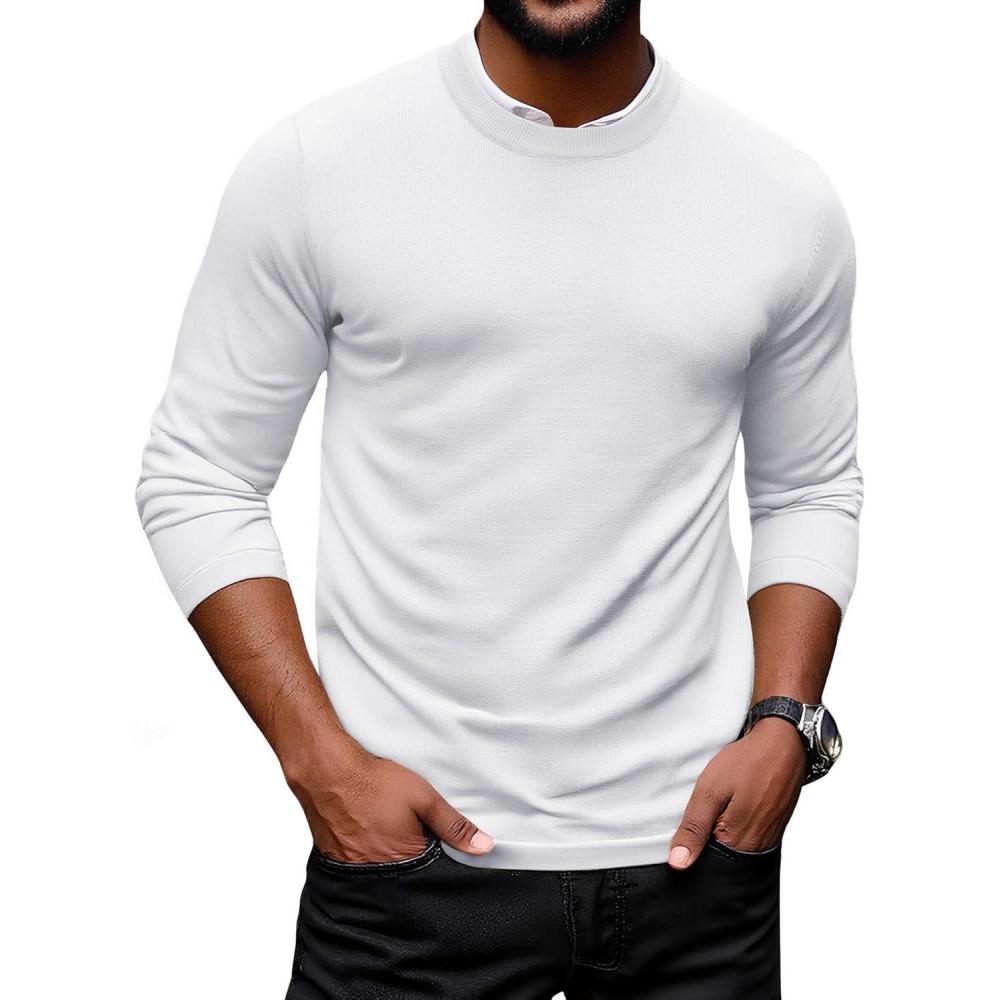 imageCOOFANDY Mens Crew Neck Pullover Sweater Slim Fit Long Sleeve Knit Sweaters Lightweight Dress Casual Crewneck SweaterWhite