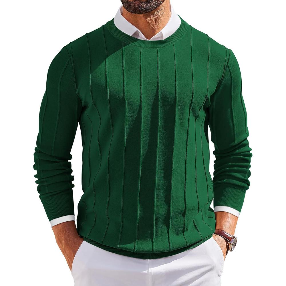 imageCOOFANDY Mens Crew Neck Sweater Long Sleeve Ribbed Knit Dress Sweaters Casual Slim Fit PulloverGreen
