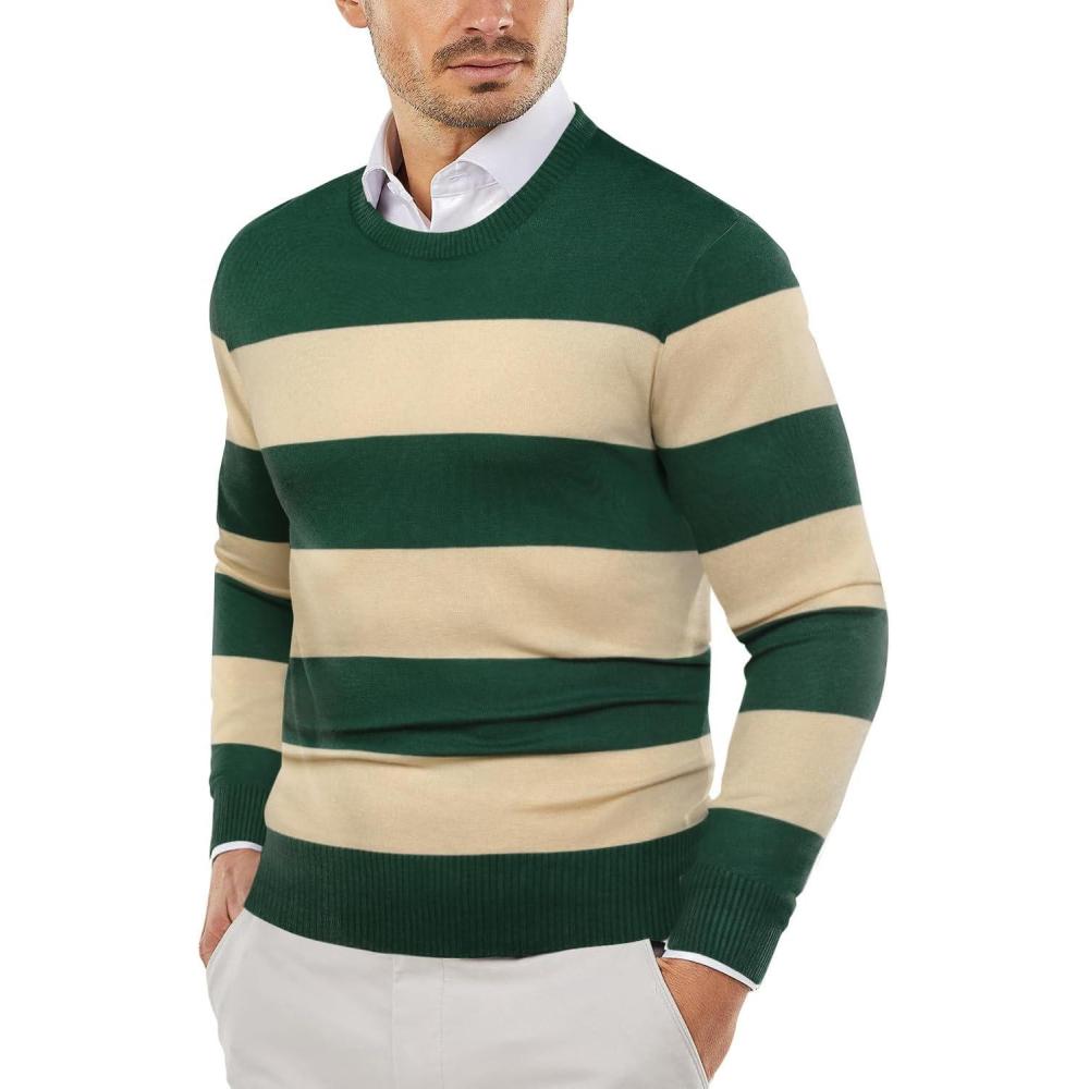 imageCOOFANDY Mens Crew Neck Sweater Slim Fit Lightweight Sweatshirts Knitted Pullover for Casual Or Dressy WearGreenApricot Stripe