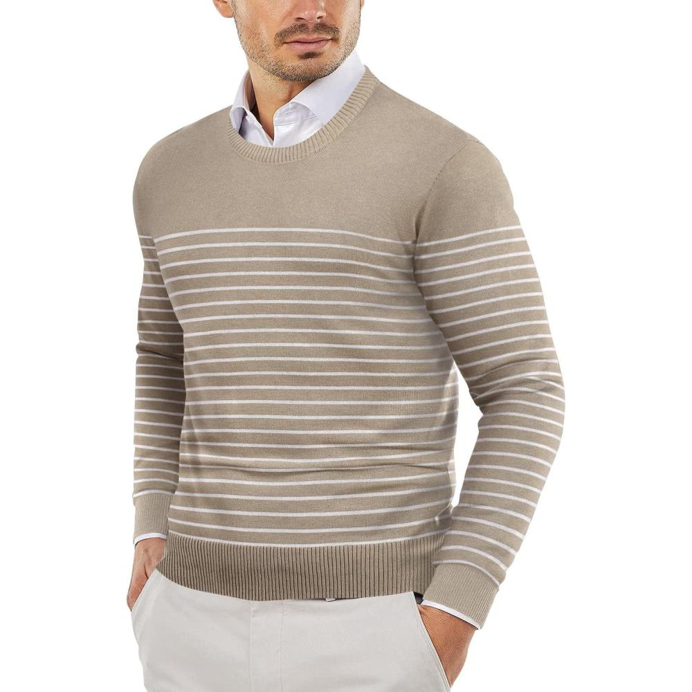 imageCOOFANDY Mens Crew Neck Sweater Slim Fit Lightweight Sweatshirts Knitted Pullover for Casual Or Dressy WearPinstripes White  Khaki