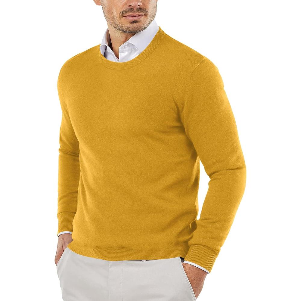 imageCOOFANDY Mens Crew Neck Sweater Slim Fit Lightweight Sweatshirts Knitted Pullover for Casual Or Dressy WearYellow