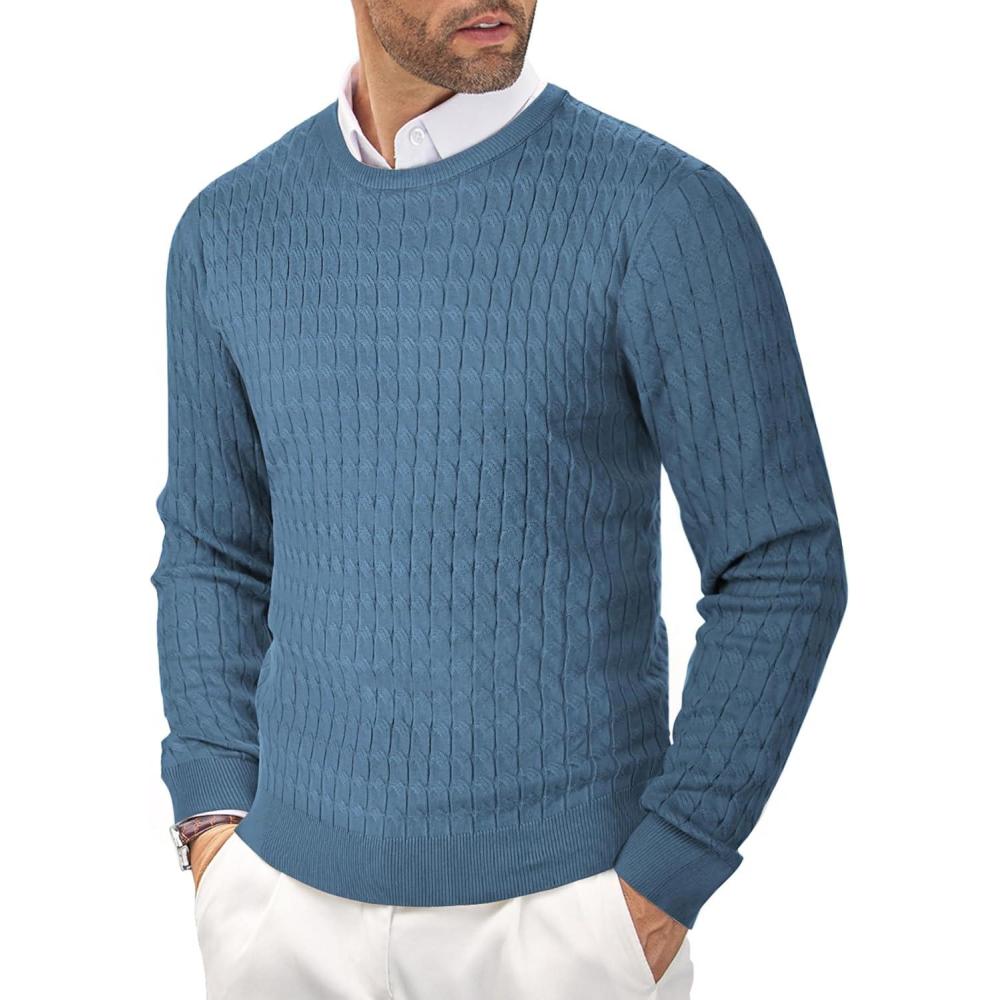 imageCOOFANDY Mens Crewneck Knit Sweater Slim Fit Lightweight Casual Twist Patterned Cable Knitted PulloverBdenim Blue