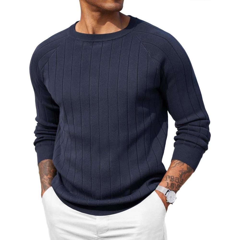 imageCOOFANDY Mens Crewneck Pullover Sweaters Business Casual Long Sleeve Slim Fit Sweater Chunky Cable Knit SweaterDark Blue