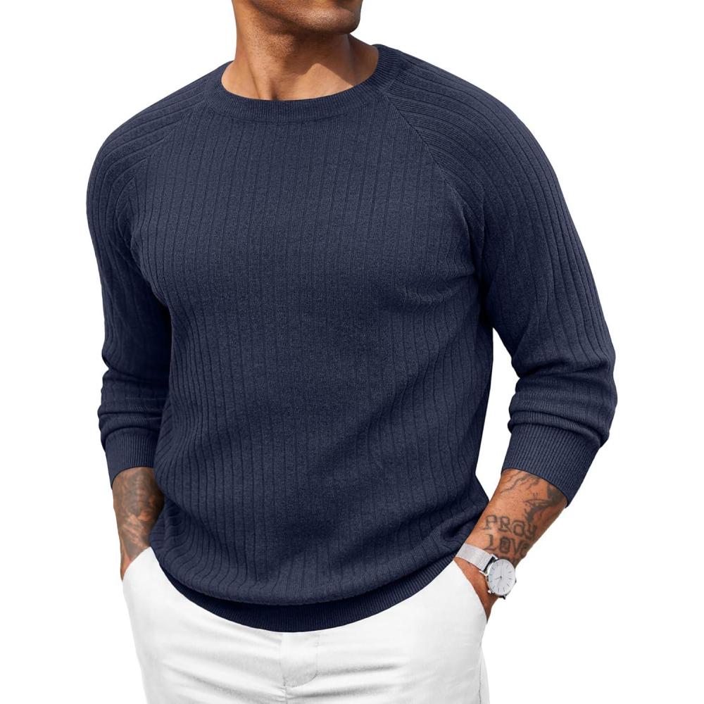 imageCOOFANDY Mens Crewneck Pullover Sweaters Business Casual Long Sleeve Slim Fit Sweater Chunky Cable Knit SweaterDark Bluenarrow Ribs