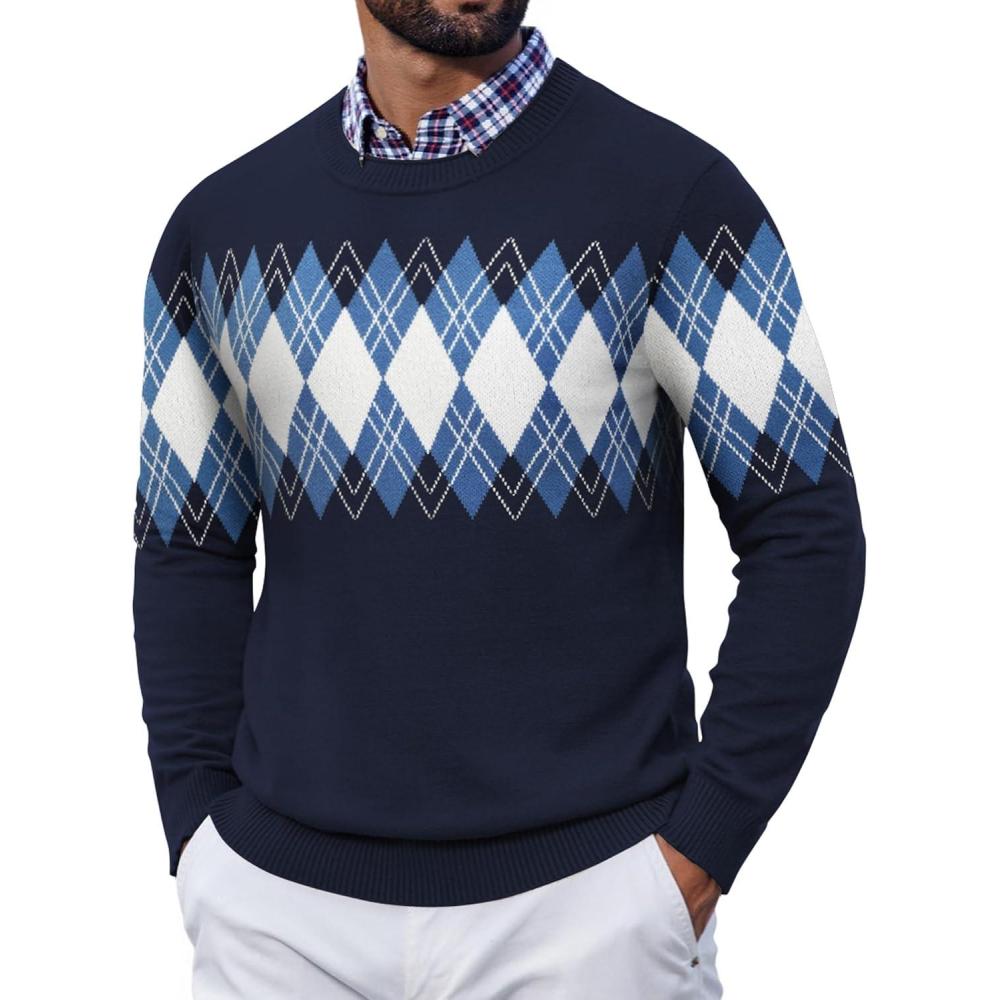imageCOOFANDY Mens Crewneck Sweater Pullover Knit Sweater Lightweight Sweaters with Ribbing EdgeArgyle  Navy Blue