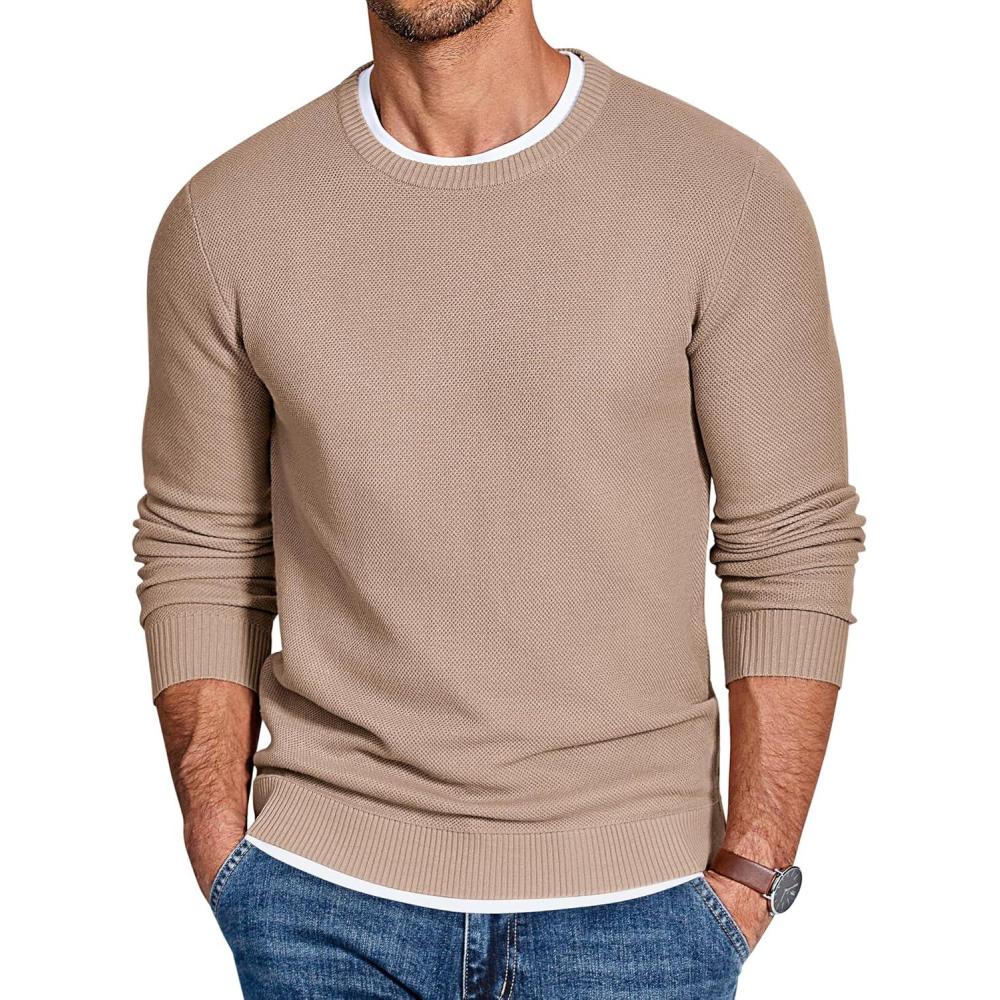 imageCOOFANDY Mens Crewneck Sweater Slim Fit Lightweight Knit Pullover Casual Dress Crew Neck Pullover SweatersKhaki