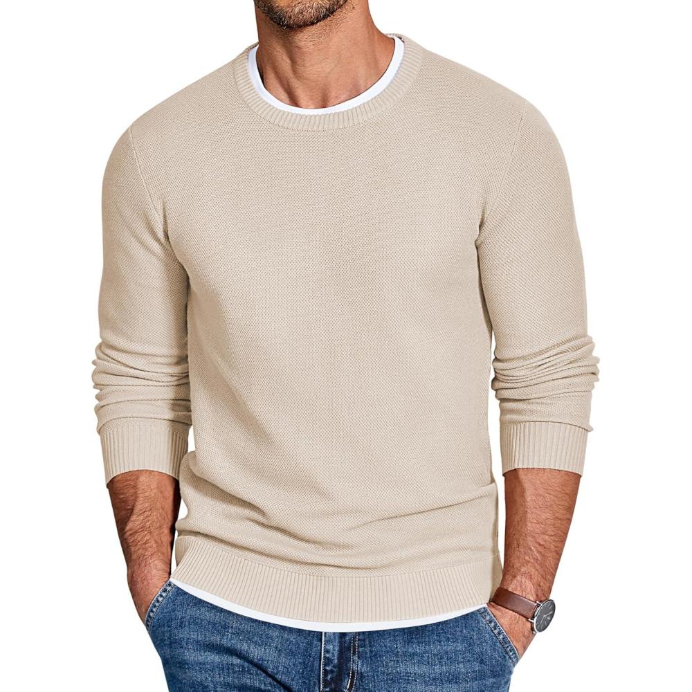 imageCOOFANDY Mens Crewneck Sweater Slim Fit Lightweight Knit Pullover Casual Dress Crew Neck Pullover SweatersLight Khaki