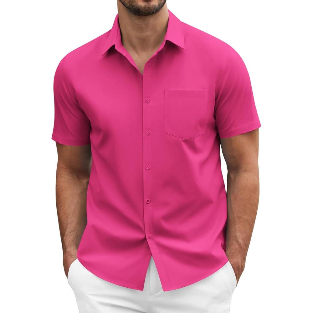 imageCOOFANDY Mens Dress Shirts Short Sleeve Business Casual Regular Fit Button Down Shirts with PocketBright Pink