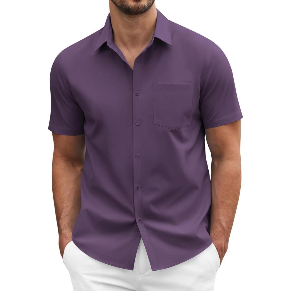imageCOOFANDY Mens Dress Shirts Short Sleeve Business Casual Regular Fit Button Down Shirts with PocketDark Purple
