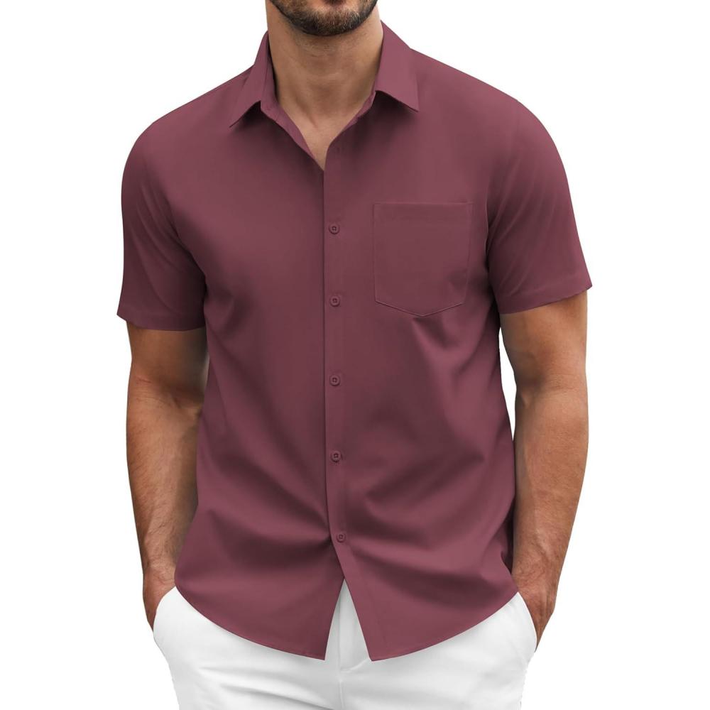 imageCOOFANDY Mens Dress Shirts Short Sleeve Business Casual Regular Fit Button Down Shirts with PocketDeep Red