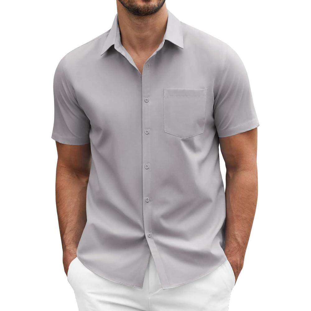 imageCOOFANDY Mens Dress Shirts Short Sleeve Business Casual Regular Fit Button Down Shirts with PocketGrey