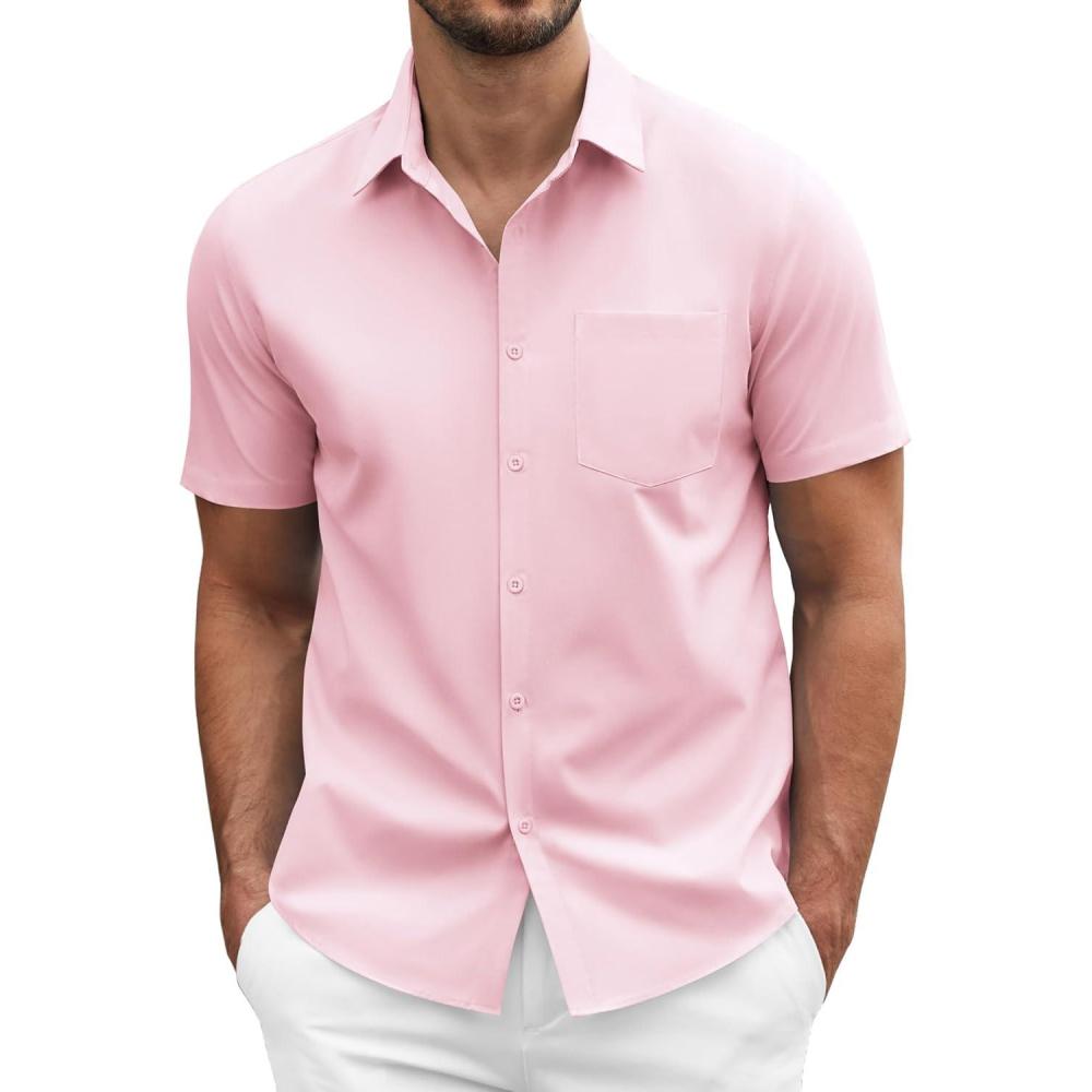 imageCOOFANDY Mens Dress Shirts Short Sleeve Business Casual Regular Fit Button Down Shirts with PocketPink