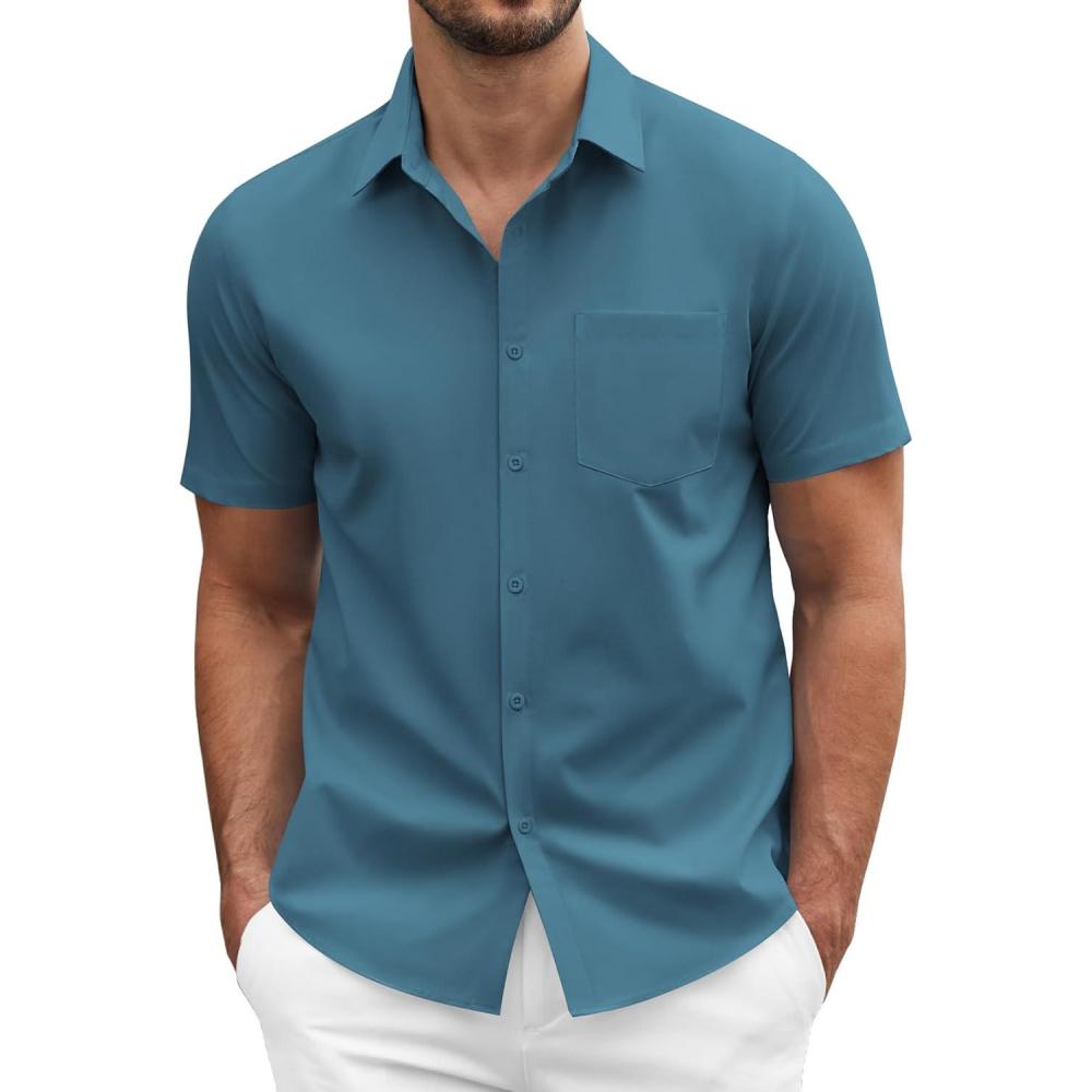 imageCOOFANDY Mens Dress Shirts Short Sleeve Business Casual Regular Fit Button Down Shirts with PocketTeal