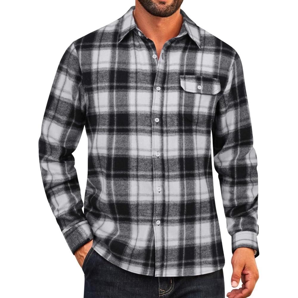 imageCOOFANDY Mens Flannel Plaid Shirts Long Sleeve Casual Button Down Cotton Shirt with PocketBlack White Plaid