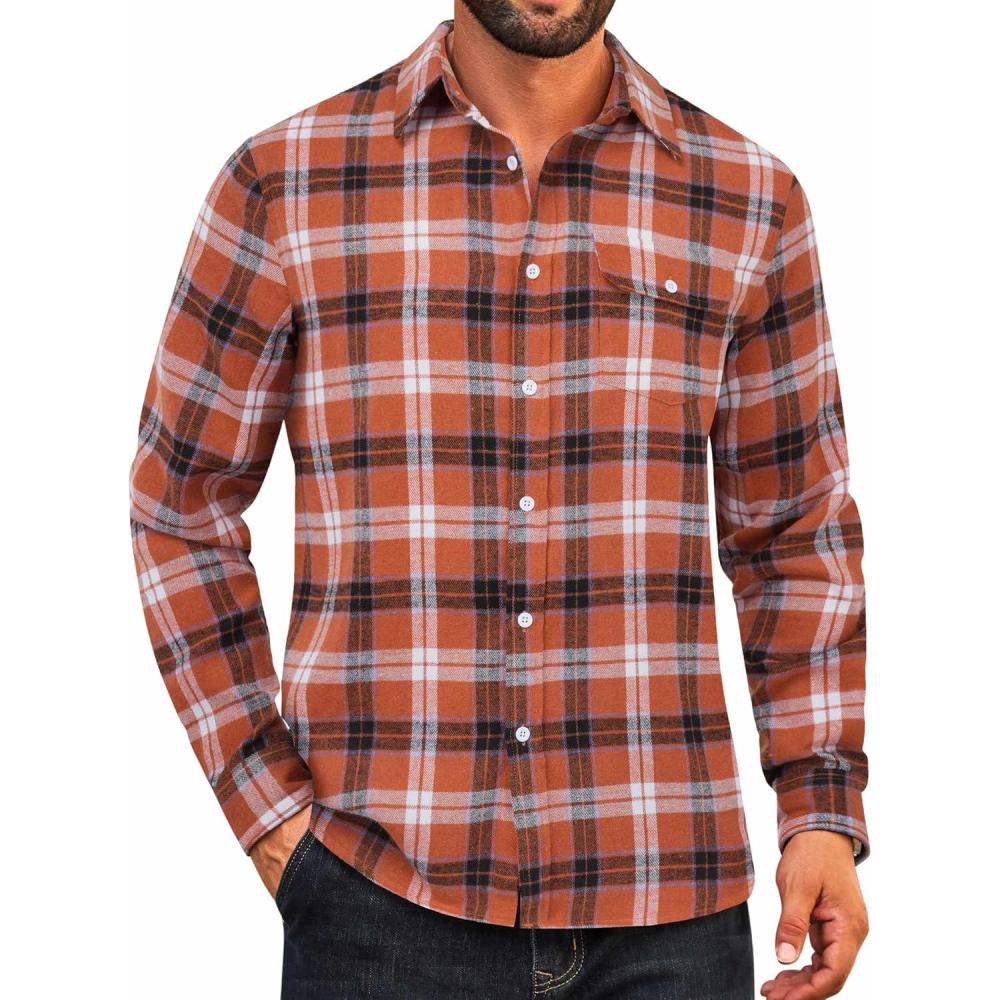 imageCOOFANDY Mens Flannel Plaid Shirts Long Sleeve Casual Button Down Cotton Shirt with PocketOrange Black Plaid