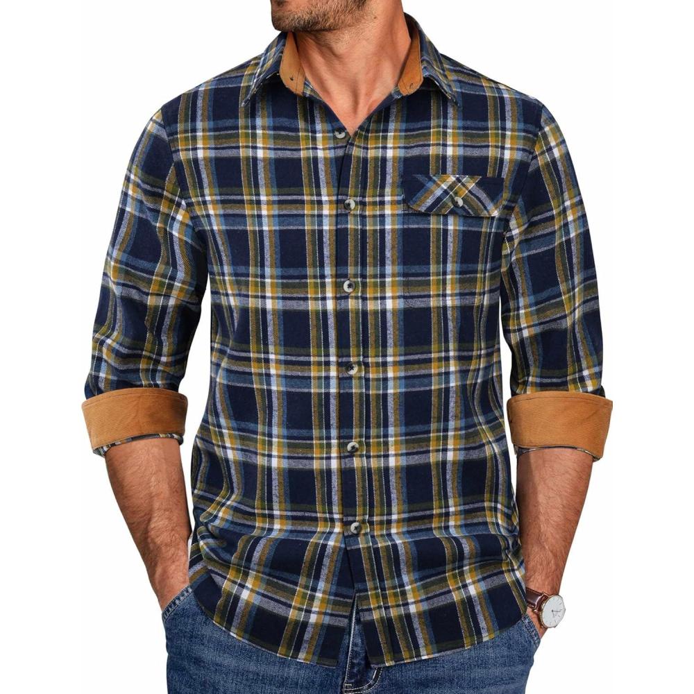 imageCOOFANDY Mens Flannel Shirts Long Sleeve Button Down Shirt Casual Shirts Work Shirts for MenDark Blue