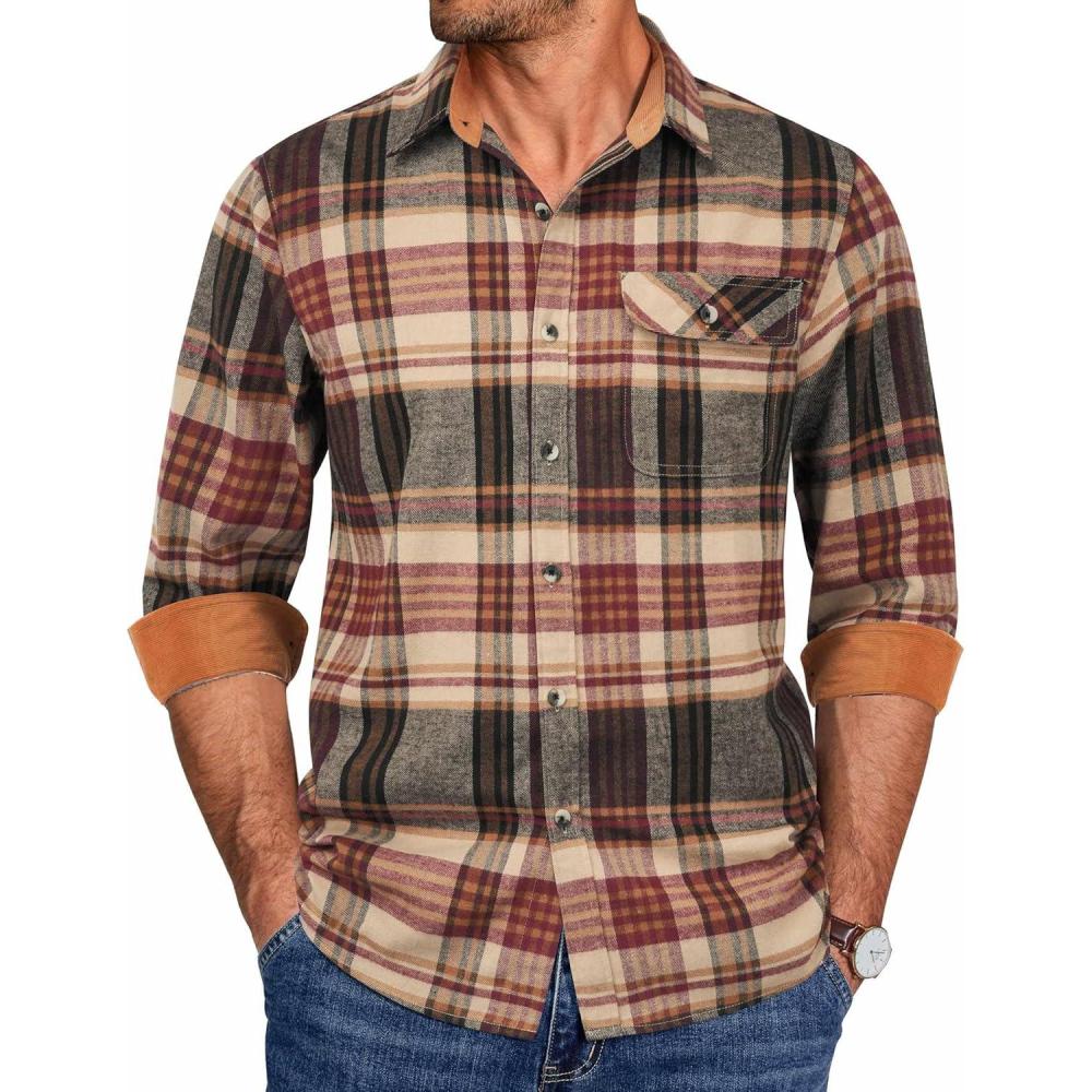 imageCOOFANDY Mens Flannel Shirts Long Sleeve Button Down Shirt Casual Shirts Work Shirts for MenWine Red