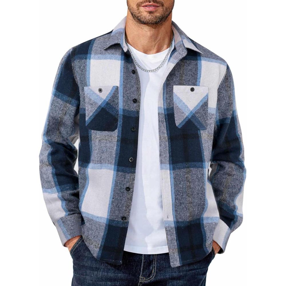 imageCOOFANDY Mens Flannel Shirts Long Sleeve Casual Cotton Plaid Button Down Shirt Jacket with PocketsNavy Blue Plaid