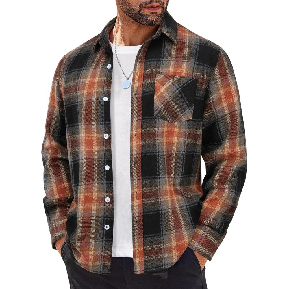 imageCOOFANDY Mens Flannel Shirts Long Sleeve Lightweight Plaid Shirt Casual Button Down Shirts JacketBlack Orange