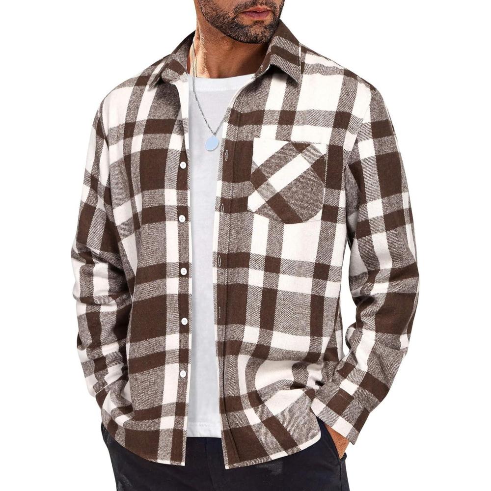 imageCOOFANDY Mens Flannel Shirts Long Sleeve Lightweight Plaid Shirt Casual Button Down Shirts JacketBrown