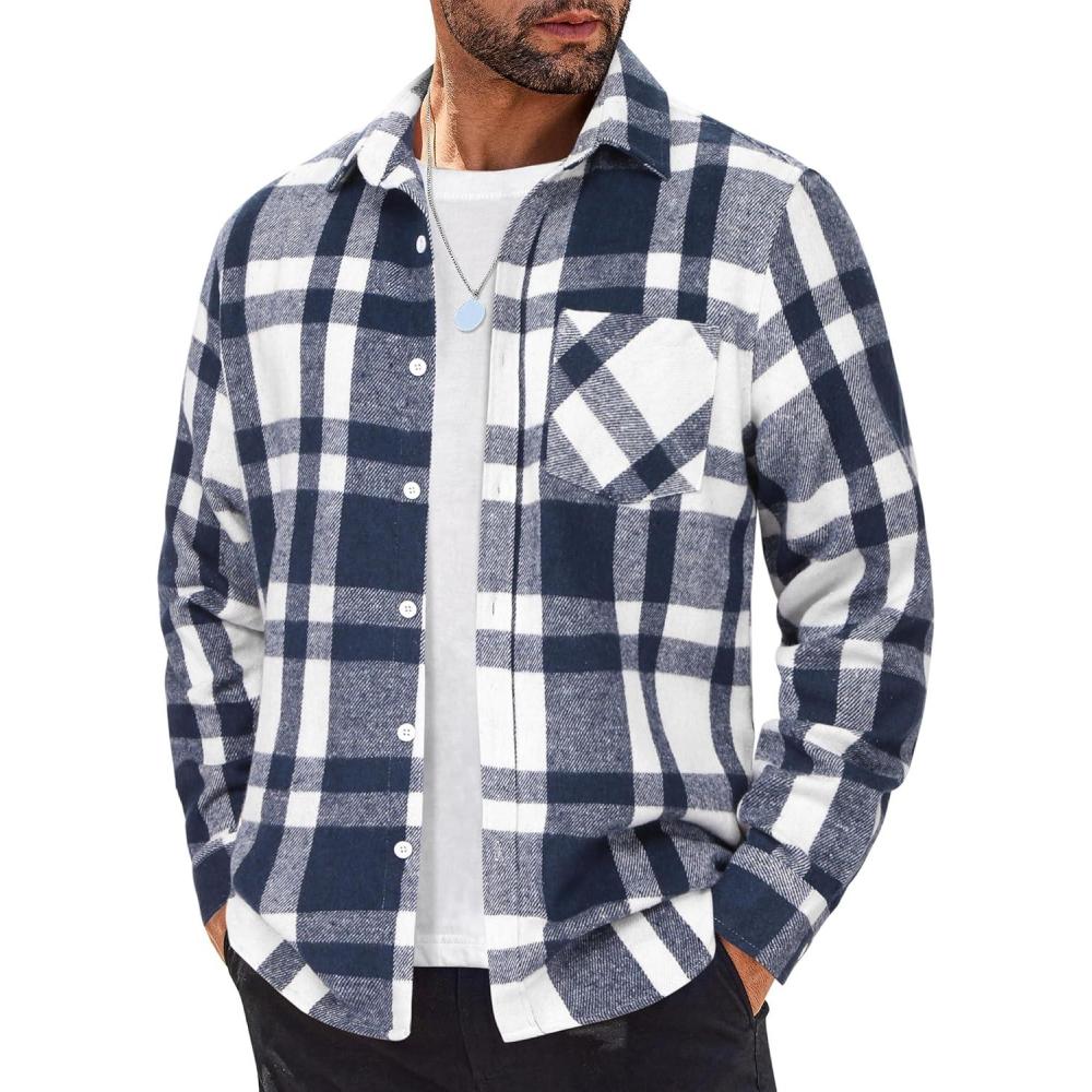 imageCOOFANDY Mens Flannel Shirts Long Sleeve Lightweight Plaid Shirt Casual Button Down Shirts JacketLight Blue