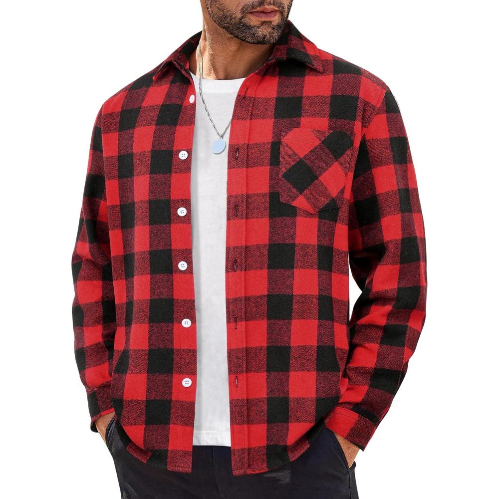 imageCOOFANDY Mens Flannel Shirts Long Sleeve Lightweight Plaid Shirt Casual Button Down Shirts JacketRed Black