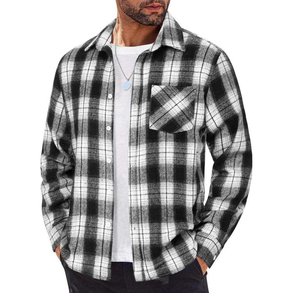 imageCOOFANDY Mens Flannel Shirts Long Sleeve Lightweight Plaid Shirt Casual Button Down Shirts JacketWhite Black