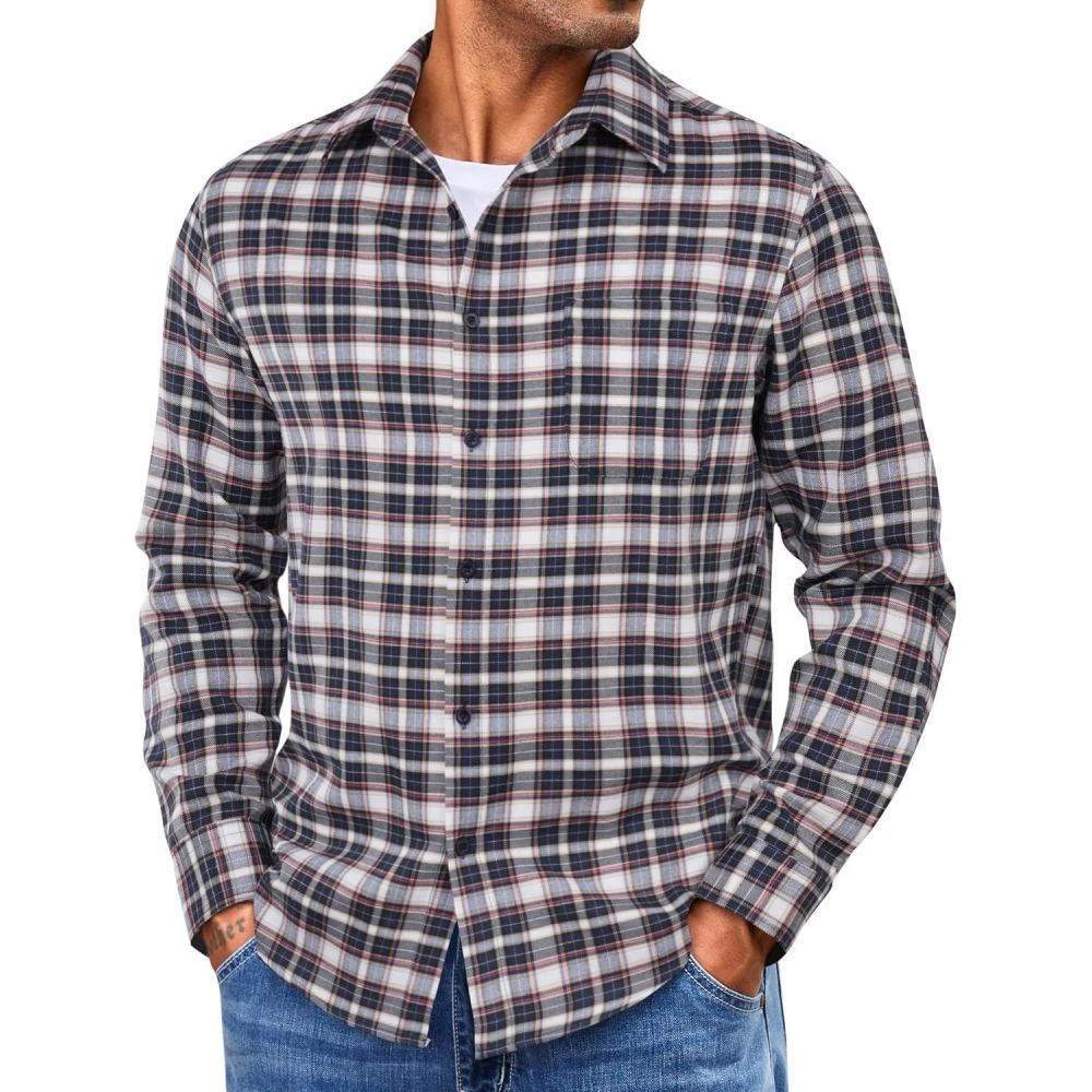 imageCOOFANDY Mens Flannel Shirts Long Sleeve Lightweight Plaid Shirt Casual Button Down Shirts with PocketBlue White