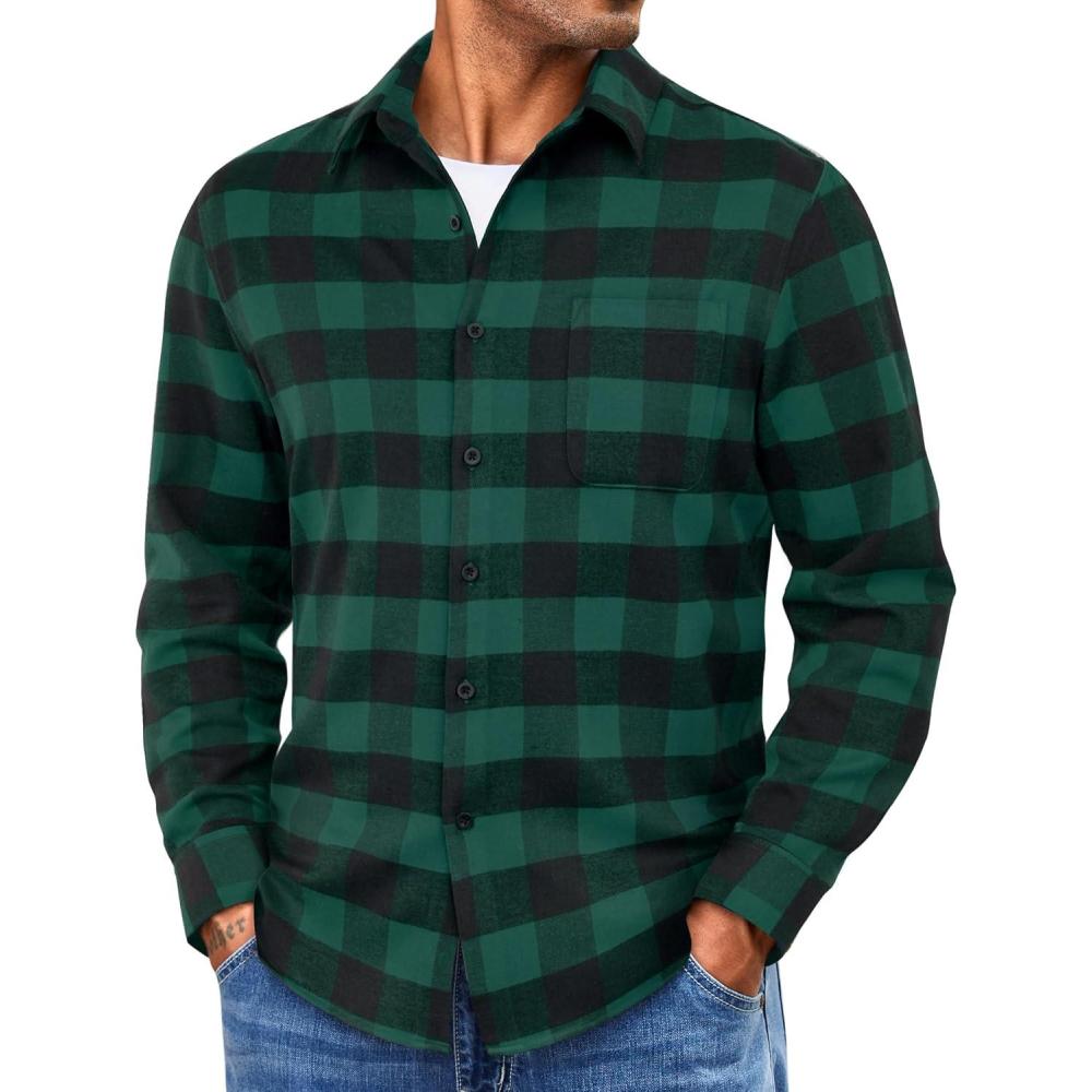 imageCOOFANDY Mens Flannel Shirts Long Sleeve Lightweight Plaid Shirt Casual Button Down Shirts with PocketDark Green