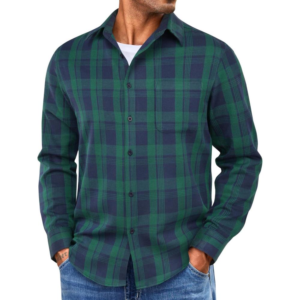 imageCOOFANDY Mens Flannel Shirts Long Sleeve Lightweight Plaid Shirt Casual Button Down Shirts with PocketGreen