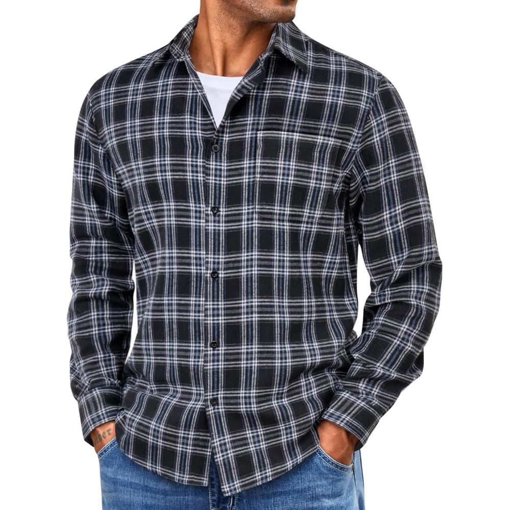 imageCOOFANDY Mens Flannel Shirts Long Sleeve Lightweight Plaid Shirt Casual Button Down Shirts with PocketNavy Blue