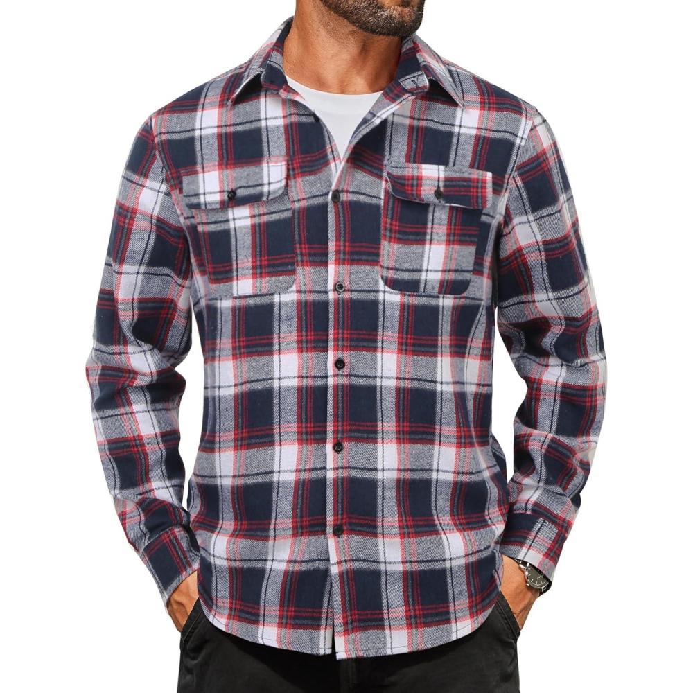 imageCOOFANDY Mens Flannel Shirts Long Sleeve Plaid Button Down Shirt Cotton Casual Work Shirts with PocketsNavy Red White