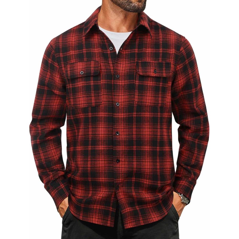 imageCOOFANDY Mens Flannel Shirts Long Sleeve Plaid Button Down Shirt Cotton Casual Work Shirts with PocketsRed Black